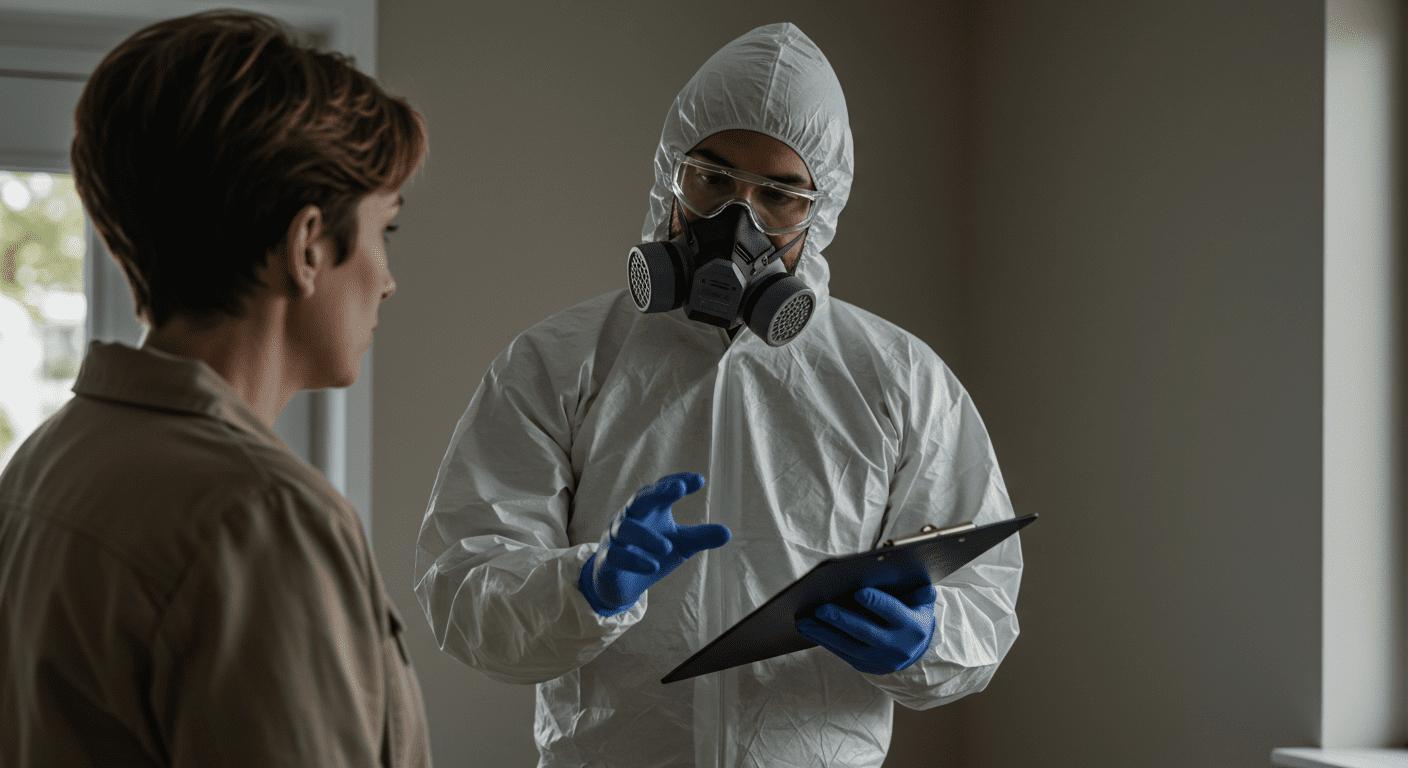 A technician explaining the asbestos testing process to a concerned homeowner in a well-lit, professional setting.