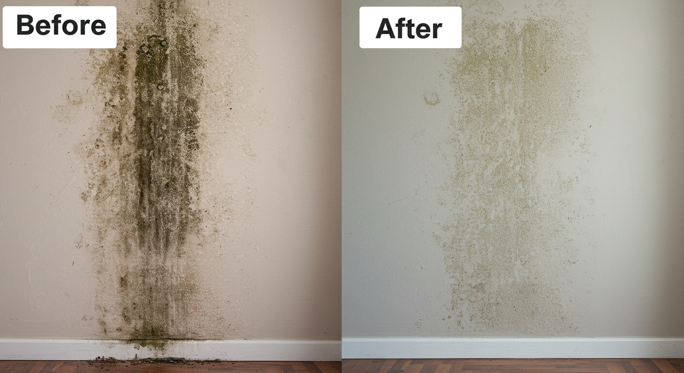 A before-and-after image showing a wall with mold and the same wall after professional remediation, emphasizing the effectiveness of the process.