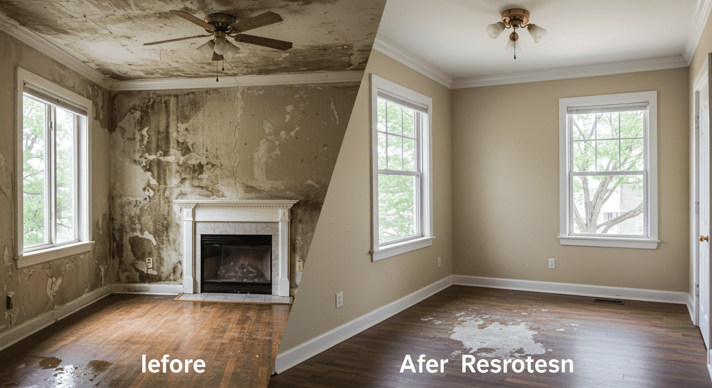 A split image showing a room before restoration, with visible water damage and mold, and the same room after restoration, looking clean and restored. This visual contrast highlights the effectiveness of restoration services.