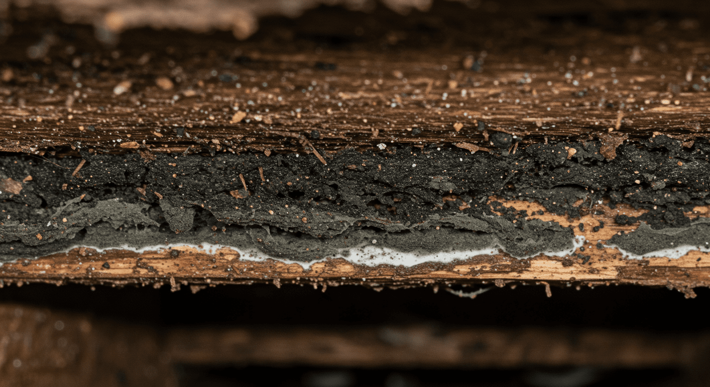 A close-up view of black mold growing on wooden beams in a dimly lit crawlspace, showcasing the texture and color of the mold.