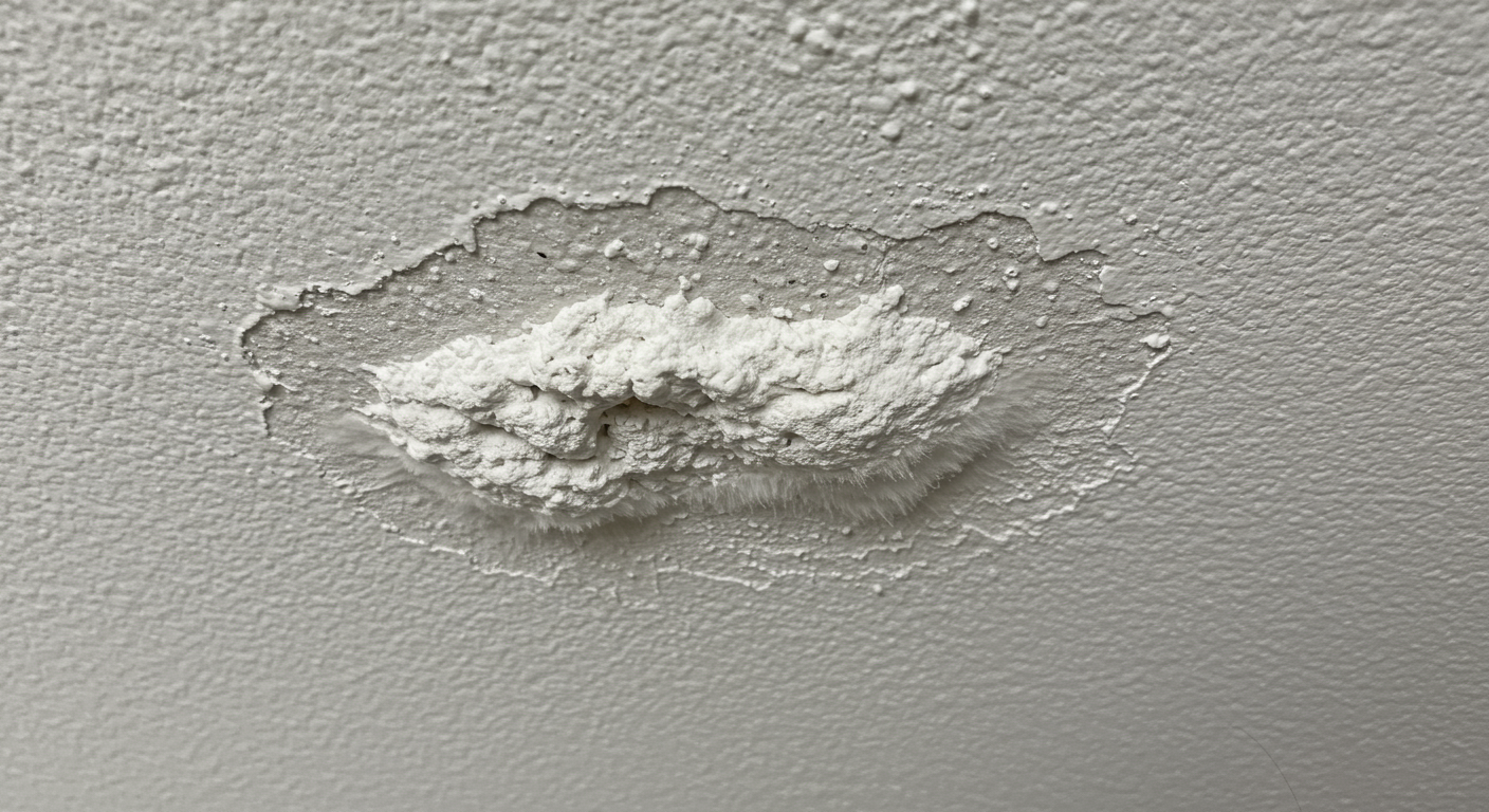 A close-up shot of a white mold patch on a ceiling, showcasing the texture and characteristics of the mold. The image captures the contrast between the white mold and the surrounding ceiling surface.