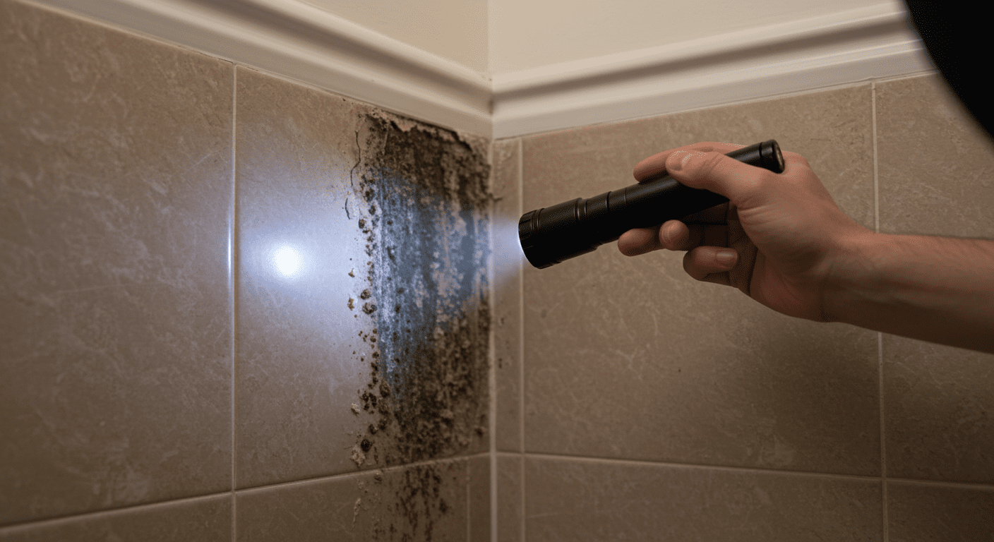 A concerned homeowner inspecting a bathroom corner with a flashlight, revealing hidden mold behind the tiles.