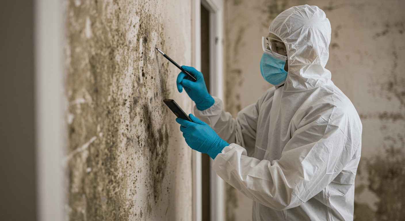 A professional mold remediation technician in protective gear inspecting a home for mold growth.