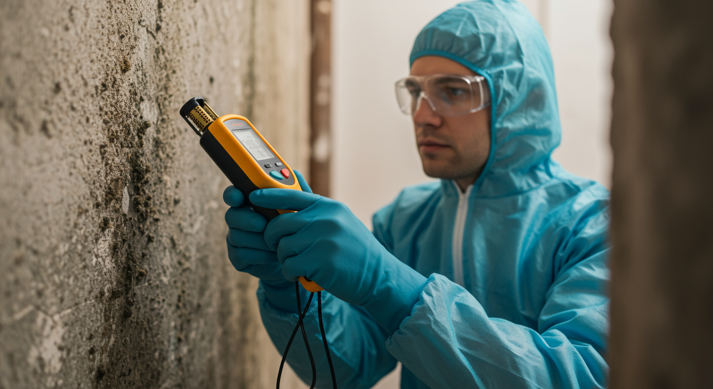 A professional technician in protective gear inspecting a damp wall with a moisture meter, highlighting the importance of thorough mould inspection.