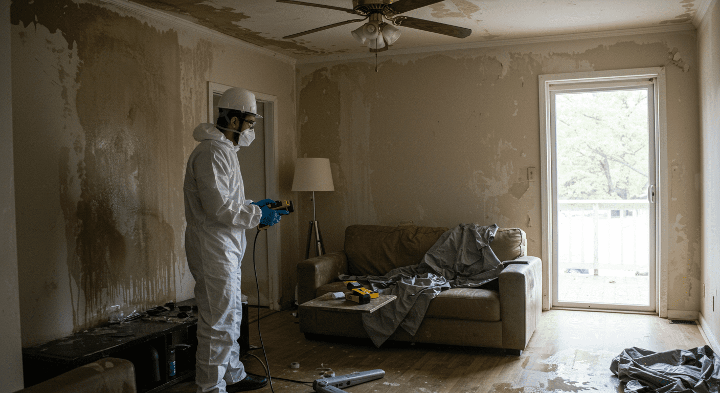 A professional technician in safety gear inspecting a water-damaged living room, with visible water stains on the walls and furniture. The technician is using moisture detection equipment.