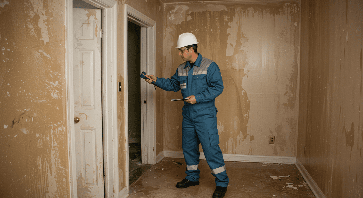 A professional restoration technician in a safety uniform inspecting a water-damaged room. The technician is using a moisture meter to assess the extent of the damage, with visible water stains on the walls and floor.