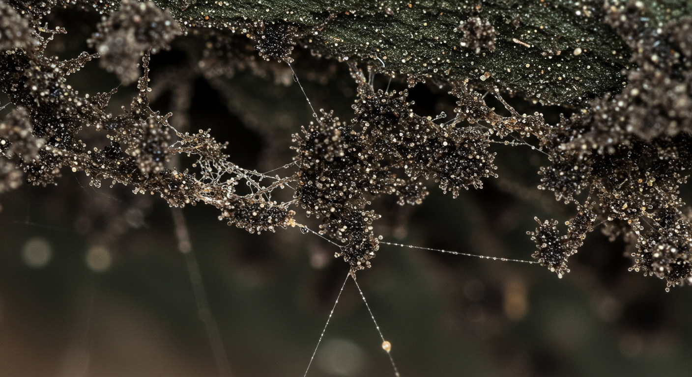 A macro shot of black mold growing on a damp surface, such as a bathroom tile or ceiling. The image captures the intricate details of the mold.