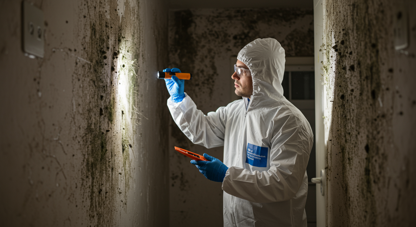 A professional mold inspector examining a wall with visible mold growth, using a flashlight and tools. The setting is a residential home with a focus on the affected area.