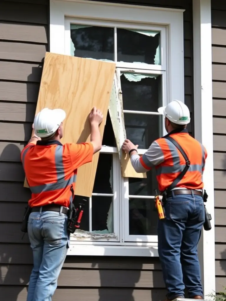 Workers installing plywood boards over a damaged window, illustrating Alltech Restoration's board-up and repair services.