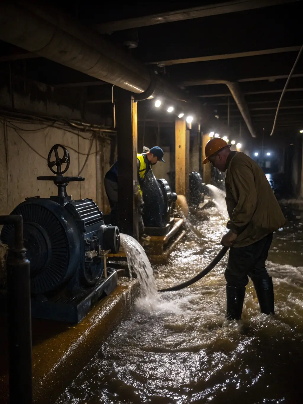 Technicians using heavy-duty water extraction equipment in a residential basement, demonstrating Alltech Restoration's water extraction capabilities.