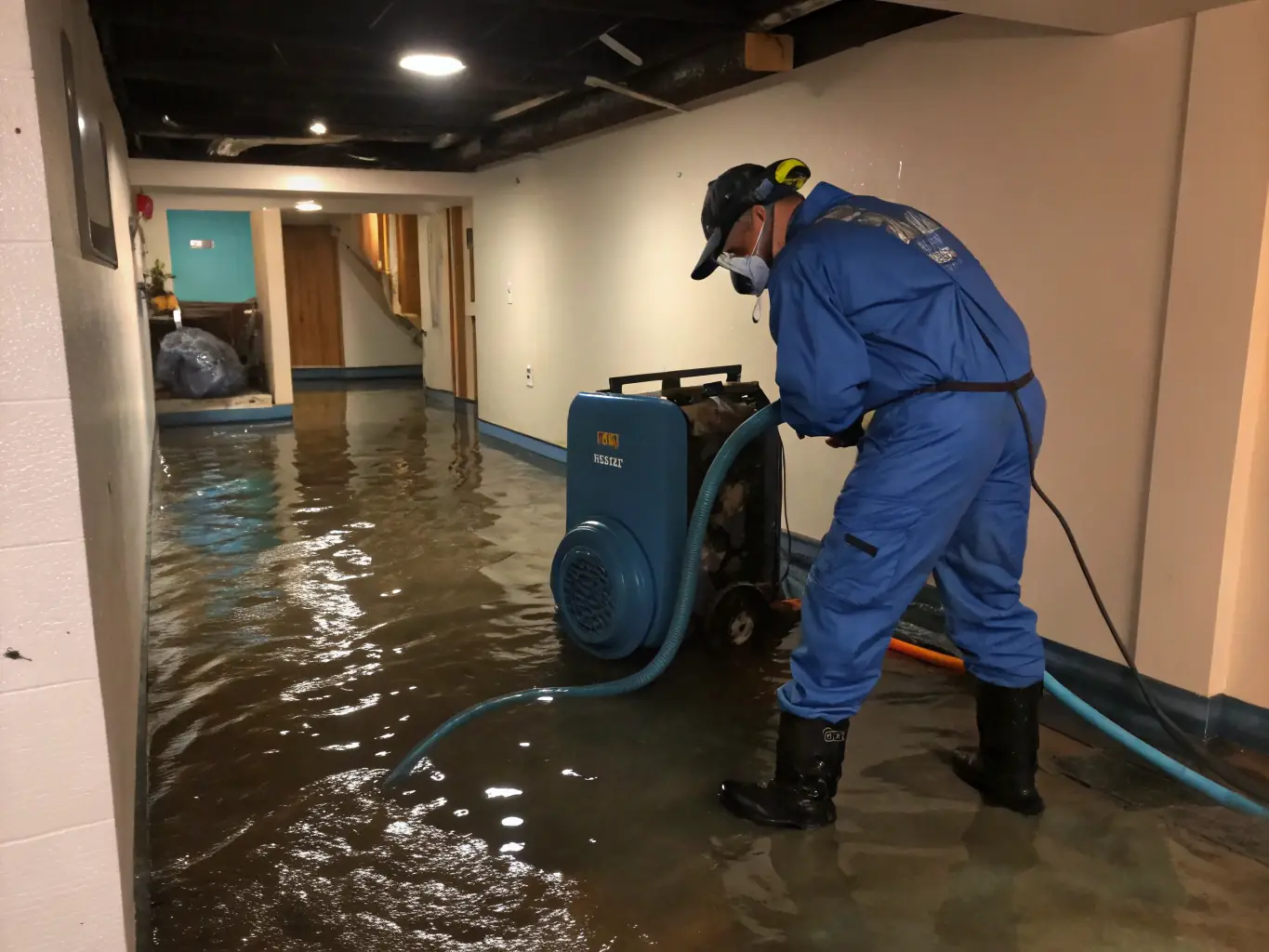 A photograph showing Alltech Restoration technicians using professional-grade water extraction equipment in a flooded basement. The image should highlight the efficiency and thoroughness of the extraction process.