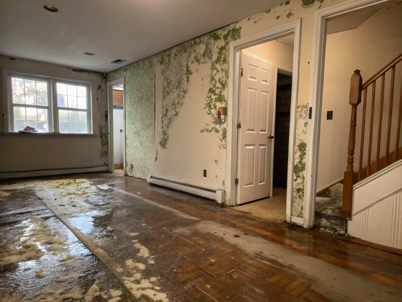 A high-resolution image depicting a home interior with visible water damage, showcasing the initial state before restoration work begins. The image should convey a sense of urgency and the need for immediate action.
