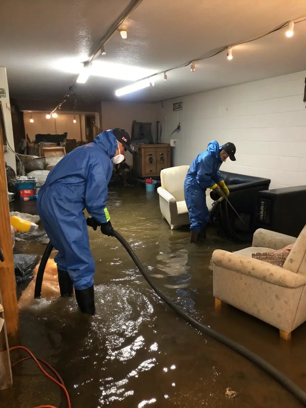A team of technicians using high-powered drying equipment in a flooded basement, showcasing Alltech Restoration's water damage restoration service.