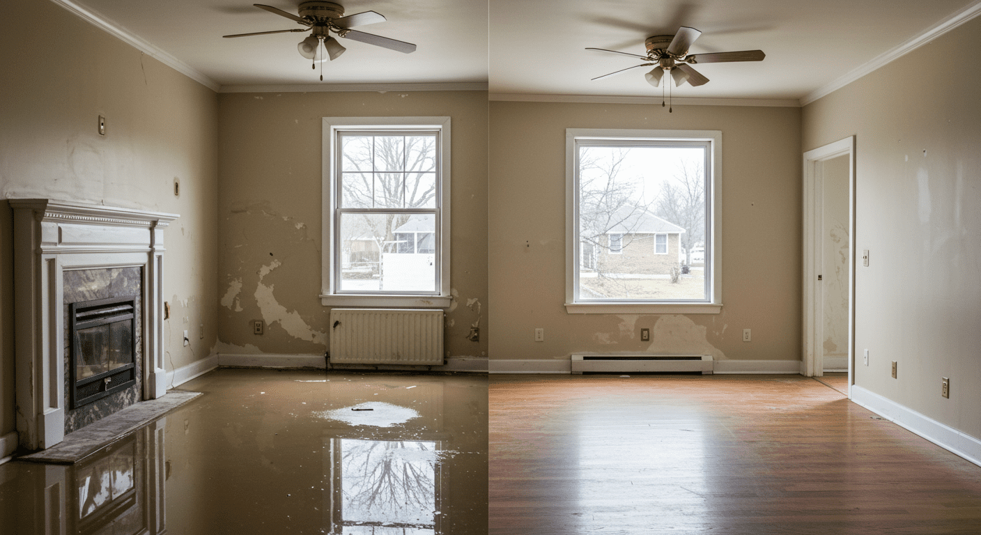 A split image showcasing a room before water damage restoration (flooded and damaged) and after (clean, dry, and restored). This highlights the transformation and effectiveness of the service.