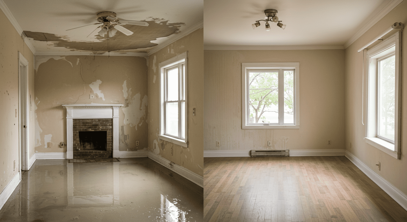 A split image showing a water-damaged room on one side and the same room fully restored on the other. This highlights the transformation and effectiveness of professional water removal services.