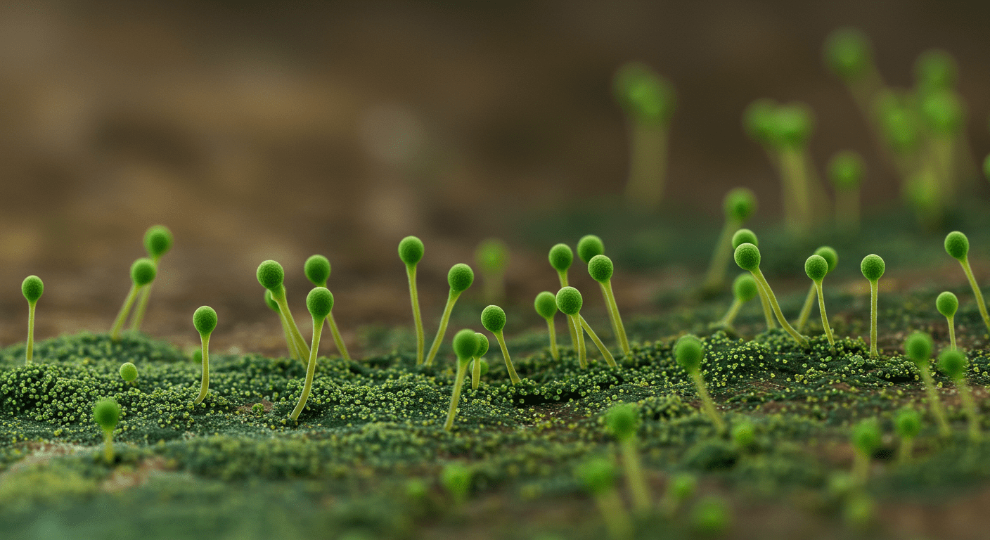 A detailed close-up image showcasing green mold spores on a surface, highlighting their texture and color variations.