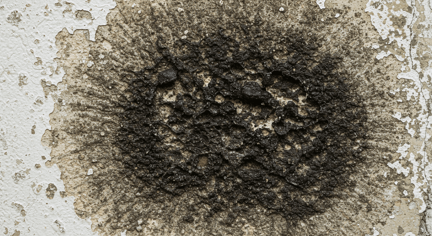 A close-up view of black mold growing on a wall, showcasing the texture and color variations of the mold. The surrounding area shows signs of water damage, such as peeling paint and discoloration.