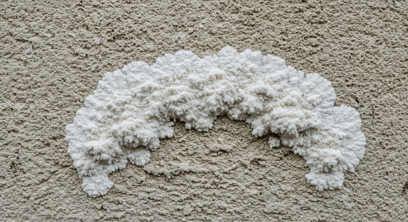A detailed close-up shot of white mold growing on a textured wall, showcasing the fuzzy appearance and distinct color variations of the mold.