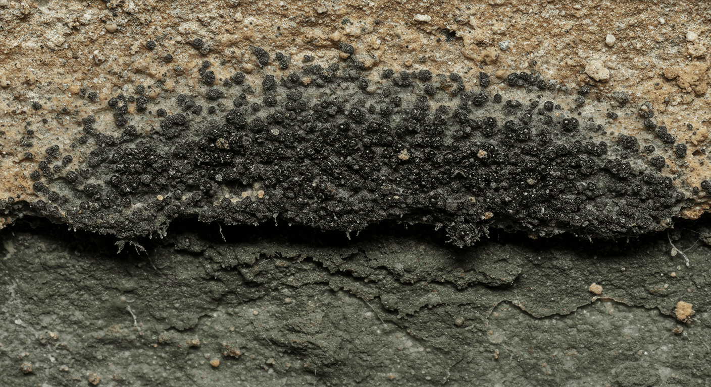 A close-up view of black mold growing on a basement wall, highlighting its texture and color.