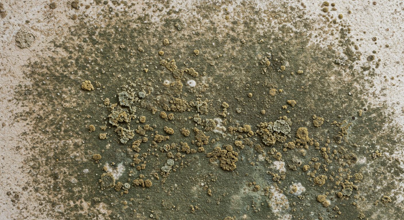 A close-up shot of mold growth on a damp wall, showcasing various colors and textures of mold. The image captures the severity of the issue, emphasizing the need for immediate attention.
