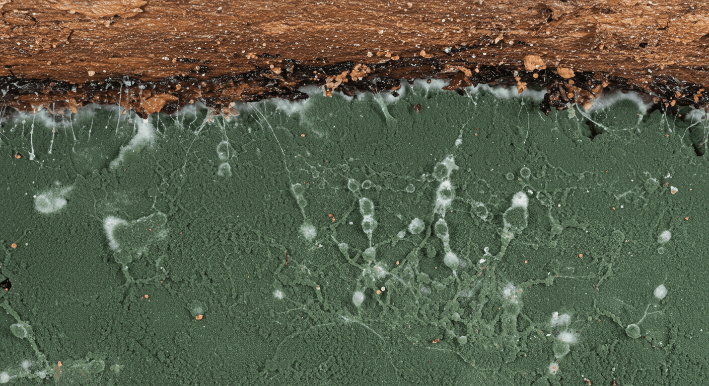 A close-up shot of mold growing in a damp crawl space, showcasing the texture and color of the mold.