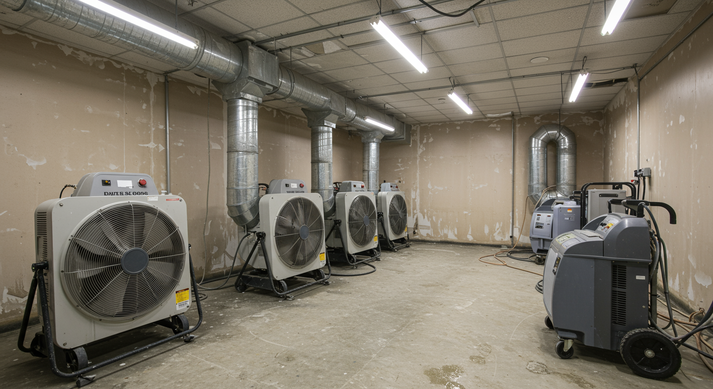 A well-lit room with industrial fans and dehumidifiers set up to dry out the space after water damage.