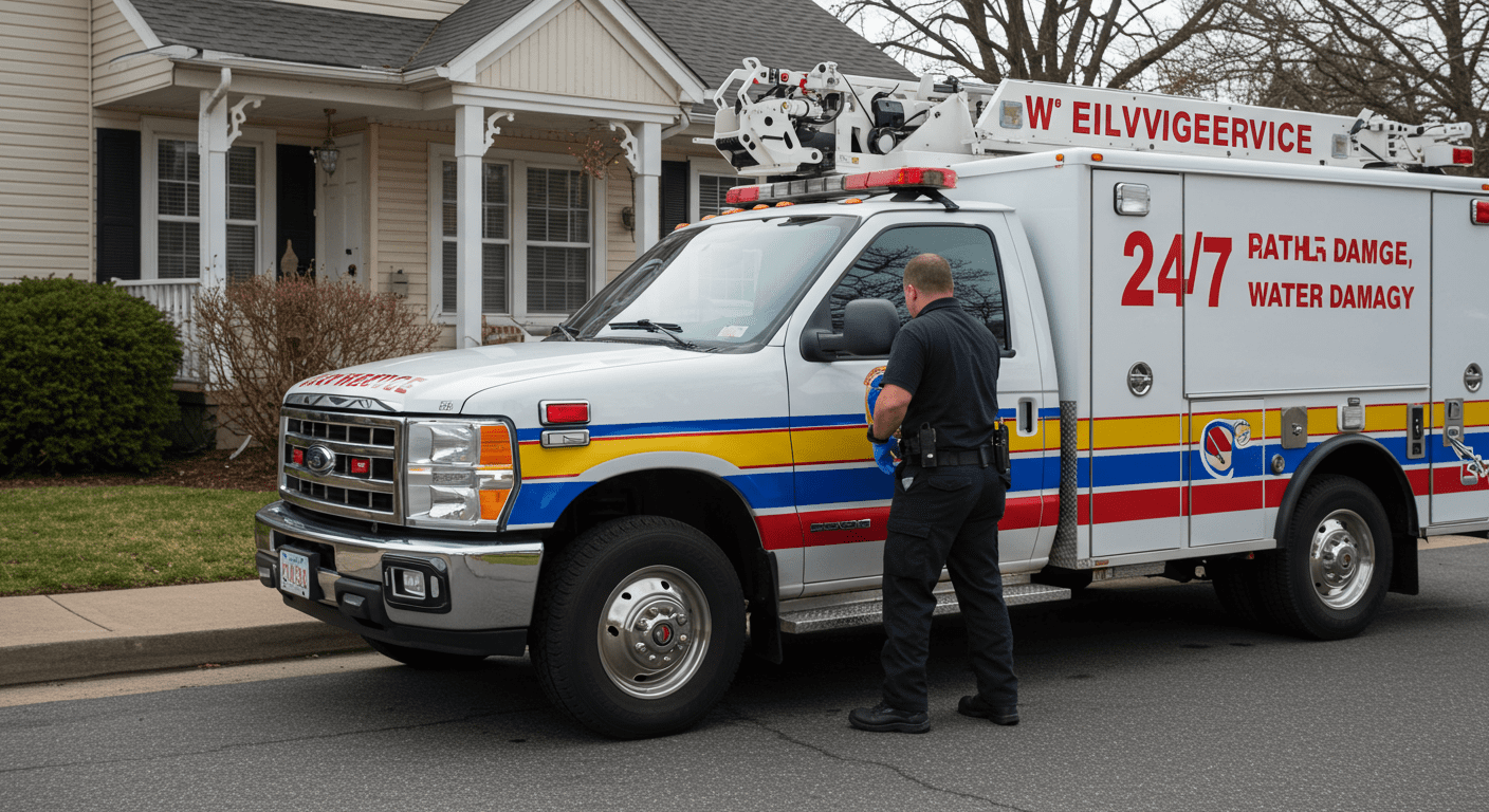An emergency response vehicle parked outside a home, ready to respond to a water damage call. The image captures the essence of 24/7 service, with the technician preparing to assist the homeowners.