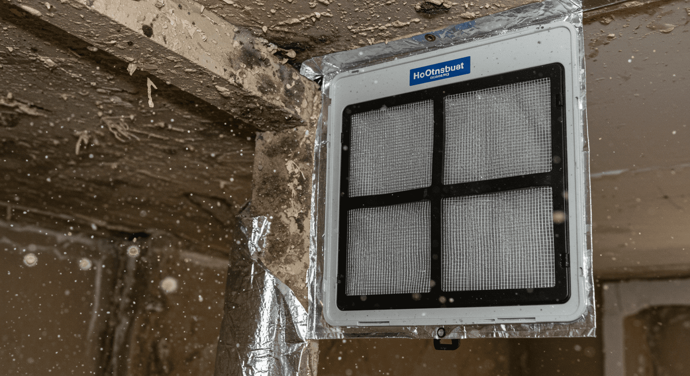 A close-up of a HEPA air filter being installed in a mold-affected area, with mold spores visible in the air. The focus is on the filter, emphasizing its importance in the remediation process.