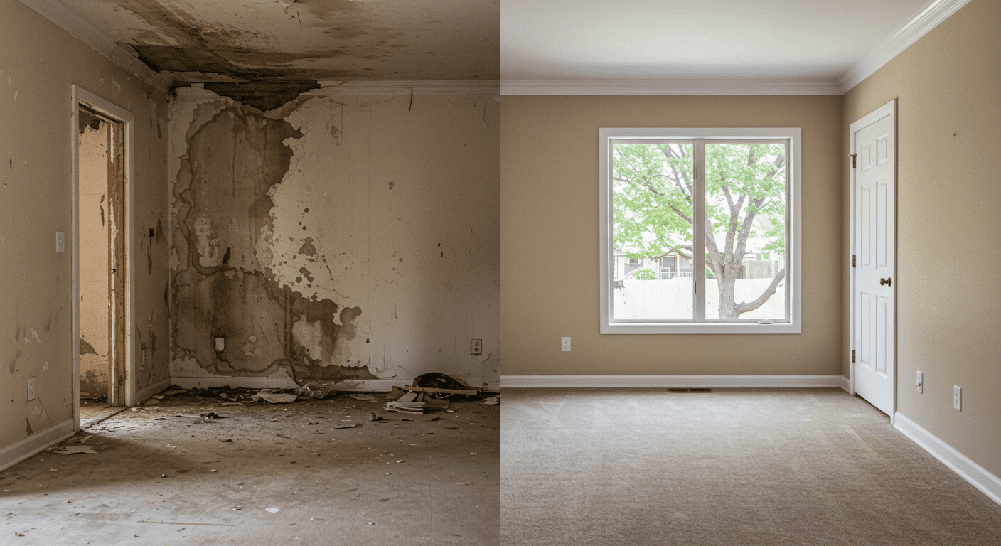 A split image showcasing before-and-after scenarios of a home undergoing remediation. The left side displays a damaged area with water stains and debris, while the right side shows the same area restored to its original condition, highlighting the effectiveness of remediation services.