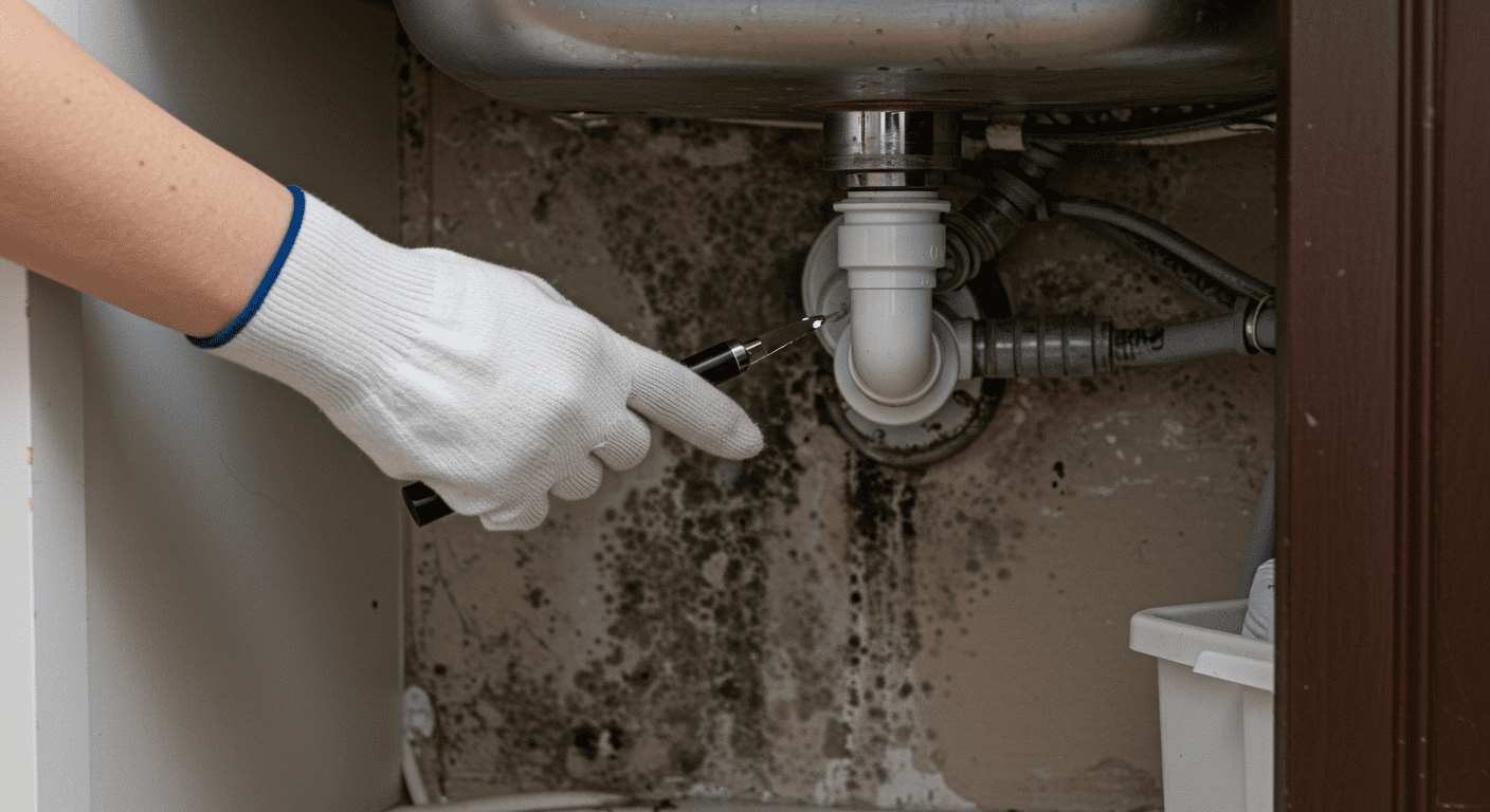A close-up of a homeowner inspecting areas prone to mold growth, such as under sinks and around windows. The image highlights the importance of regular inspections and preventive measures in maintaining a mold-free home.