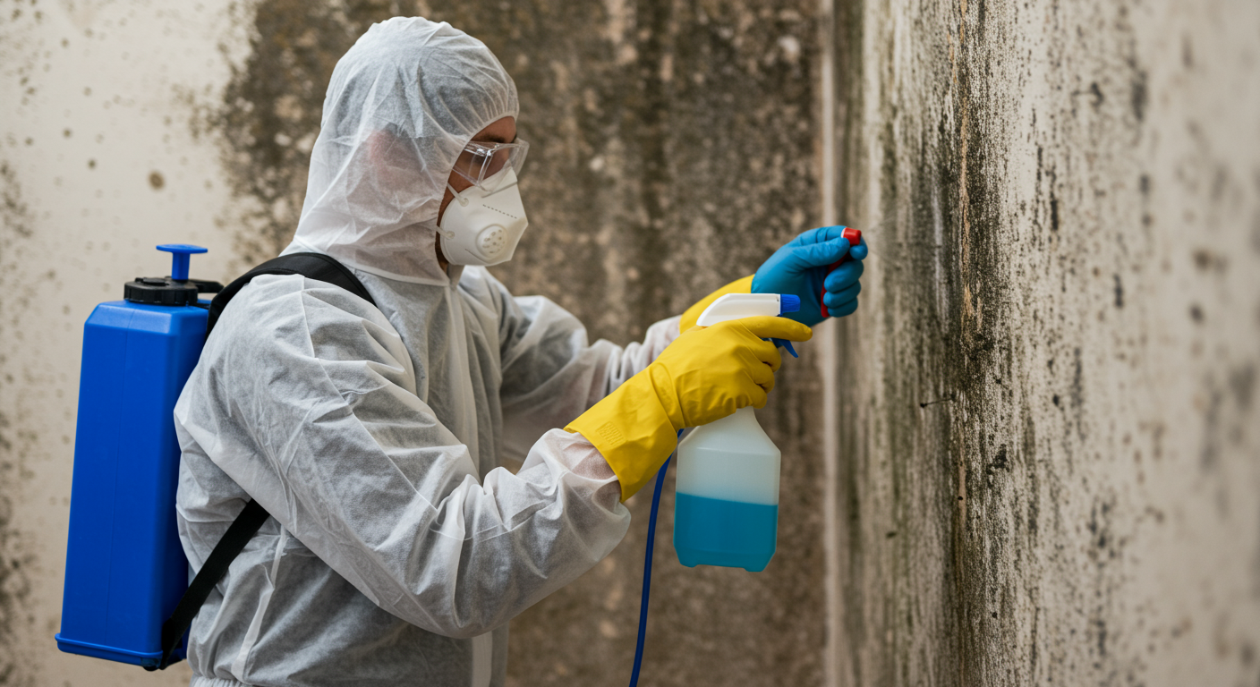 A professional mold remediation technician in protective gear using a spray bottle to apply a cleaning solution on a wall affected by black mold. The image captures the action of cleaning, emphasizing safety and professionalism.