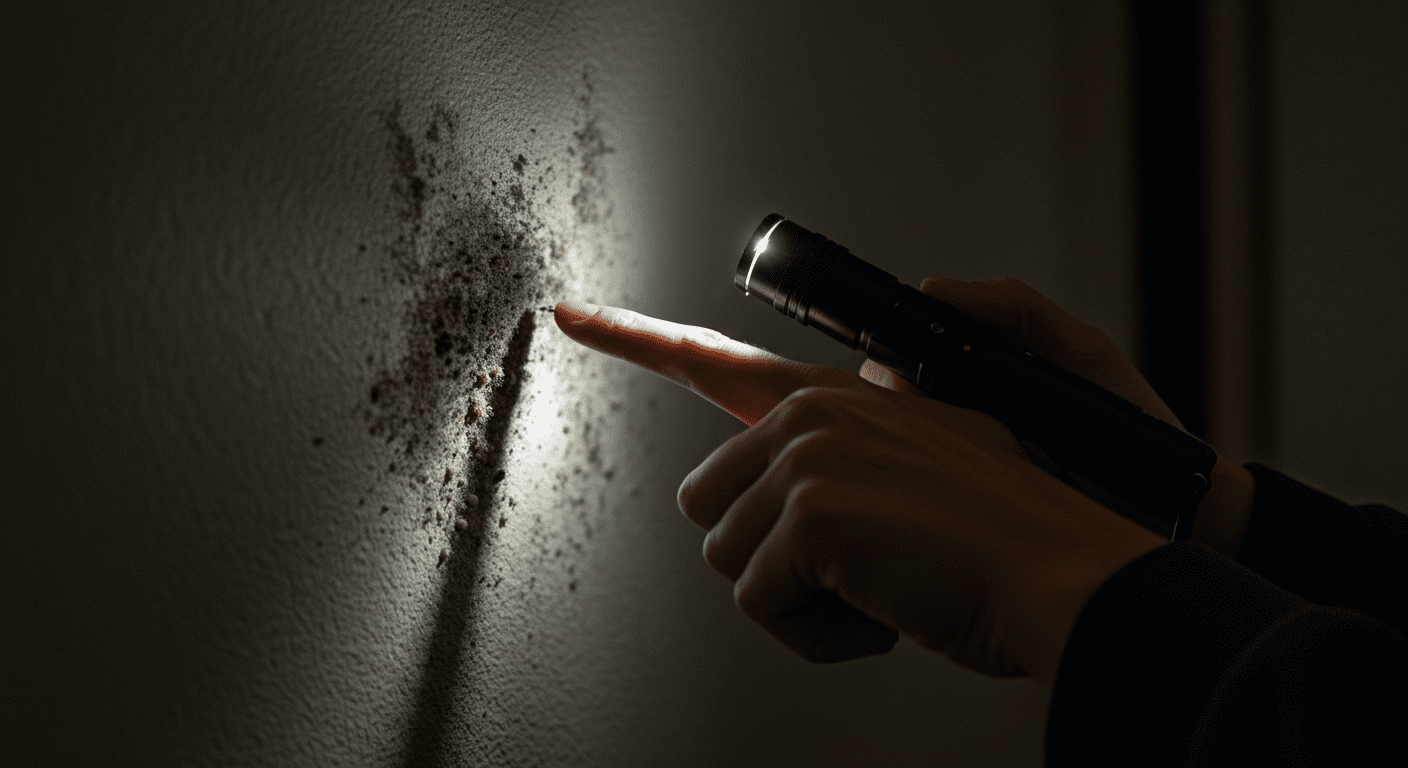 A close-up shot of a person inspecting a wall for mold growth, using a flashlight to illuminate dark corners. The focus is on the person's hand pointing at a small patch of mold.