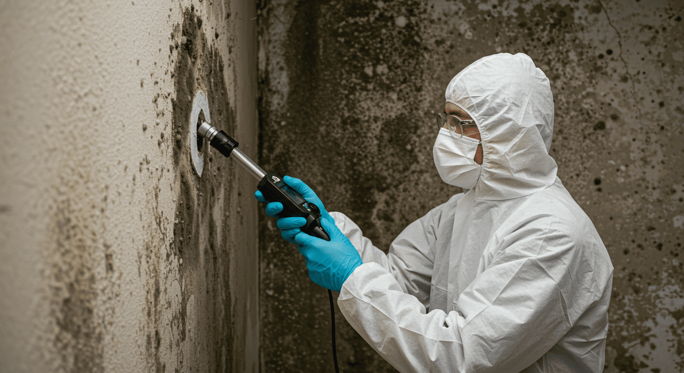 A professional mold remediation technician in protective gear inspecting a damp wall with visible mold growth.