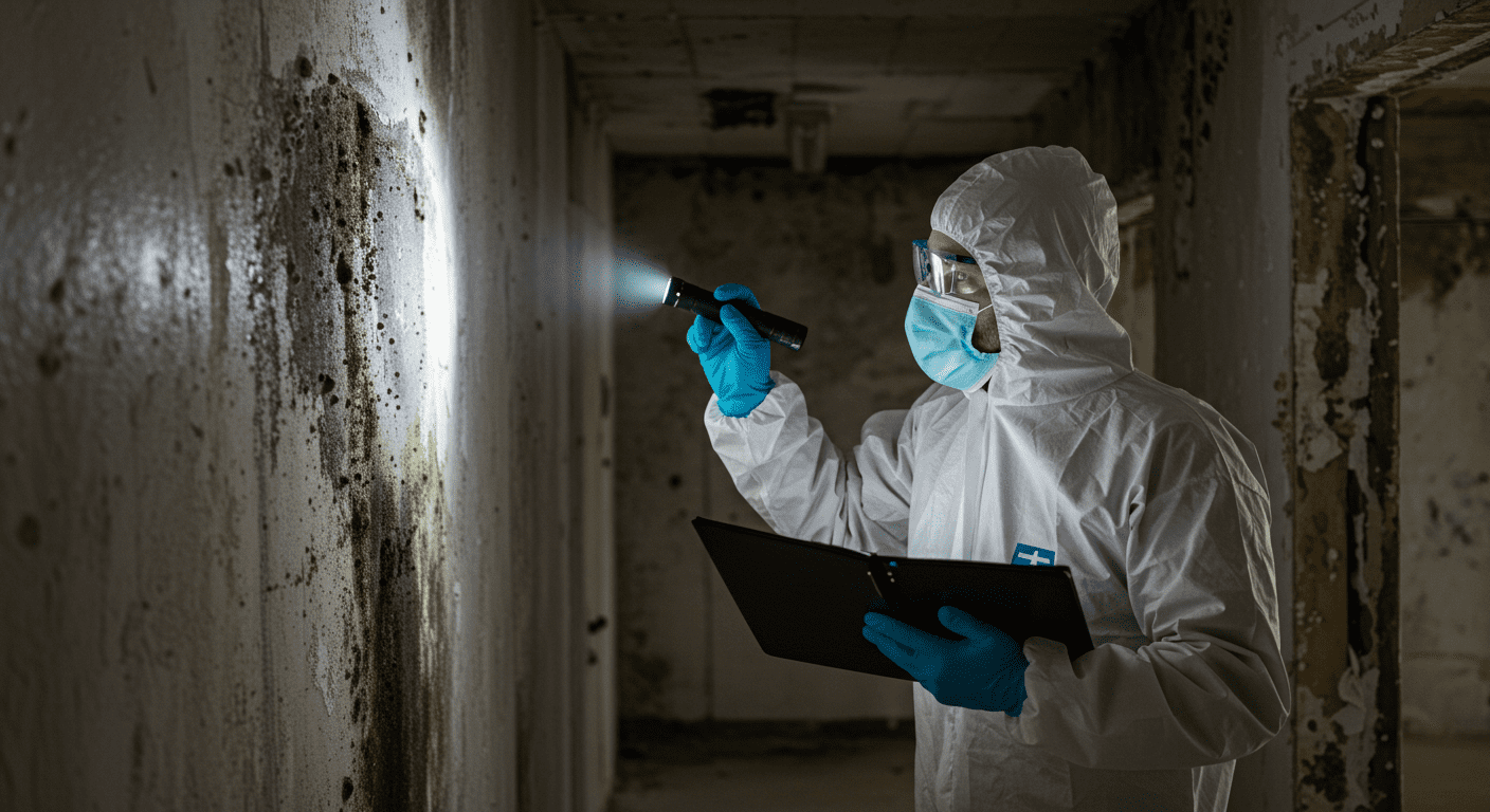 A professional mold inspector in protective gear examining a wall for mold growth with a flashlight. The setting is a commercial building interior, showcasing signs of moisture damage.