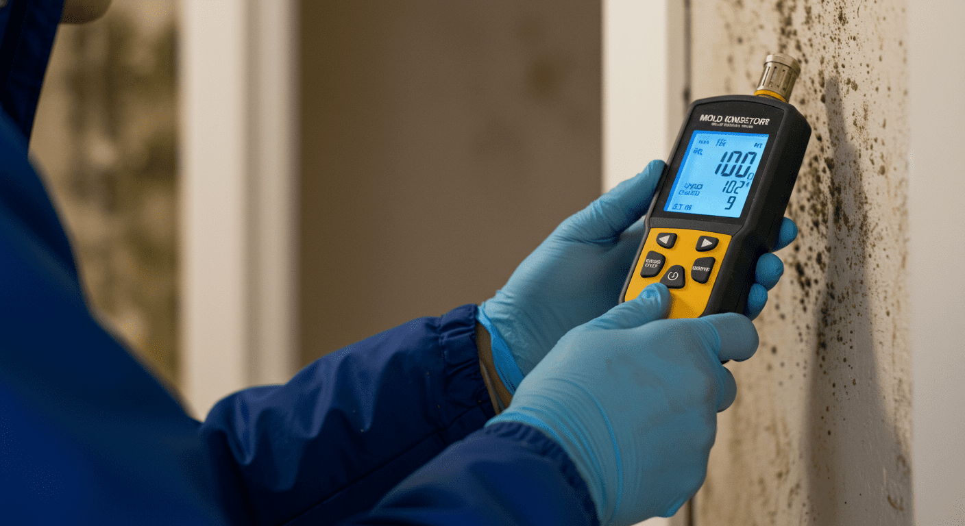 A close-up of a professional mold inspector using a moisture meter on a wall in a home, with visible signs of mold in the background.