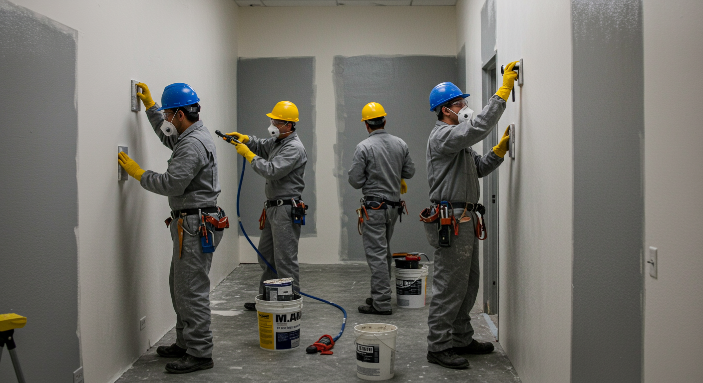 A team of technicians applying mold-resistant coatings to walls in a commercial setting. The background includes tools and safety equipment, showcasing proactive measures for mold prevention.