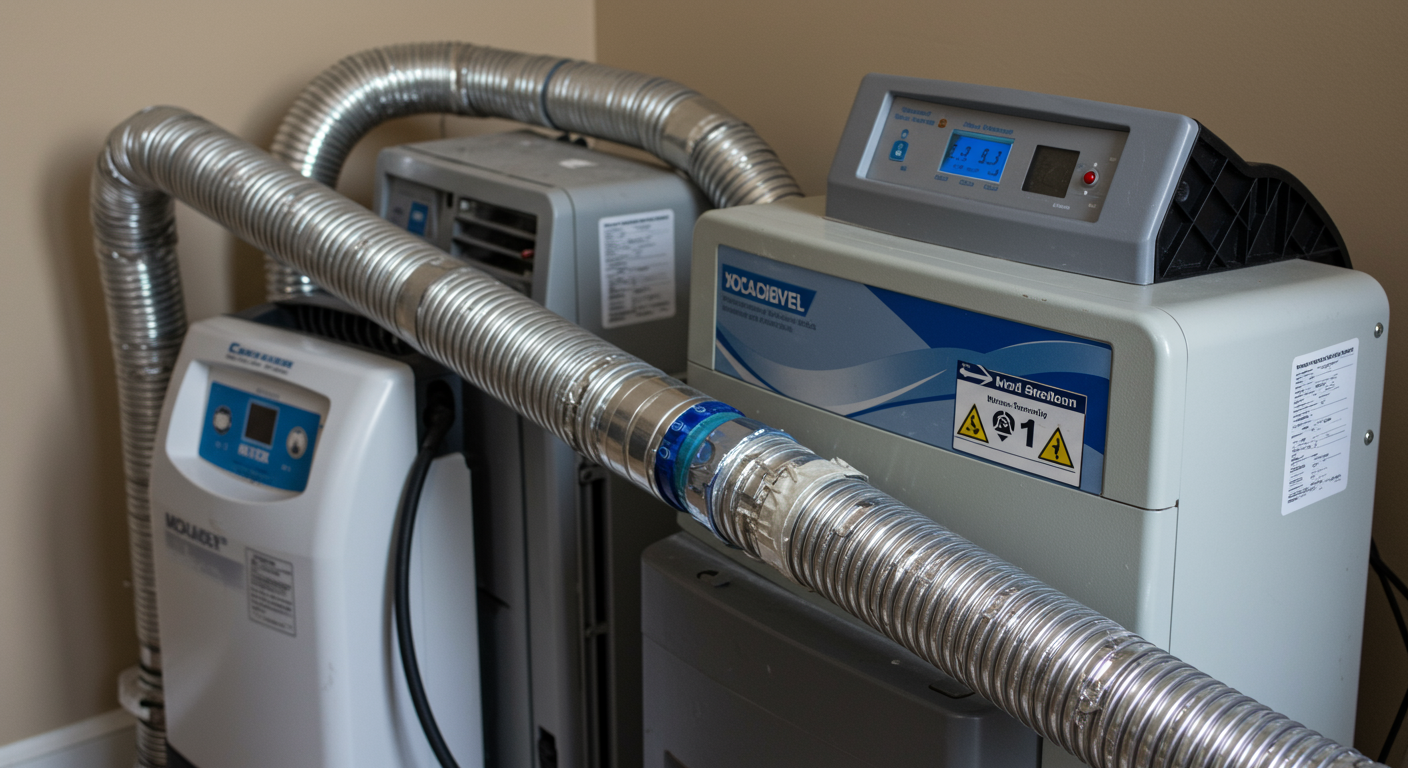 A close-up of advanced mold remediation equipment, such as air scrubbers and dehumidifiers, set up in a residential environment. This highlights the technology used in the mold removal process.