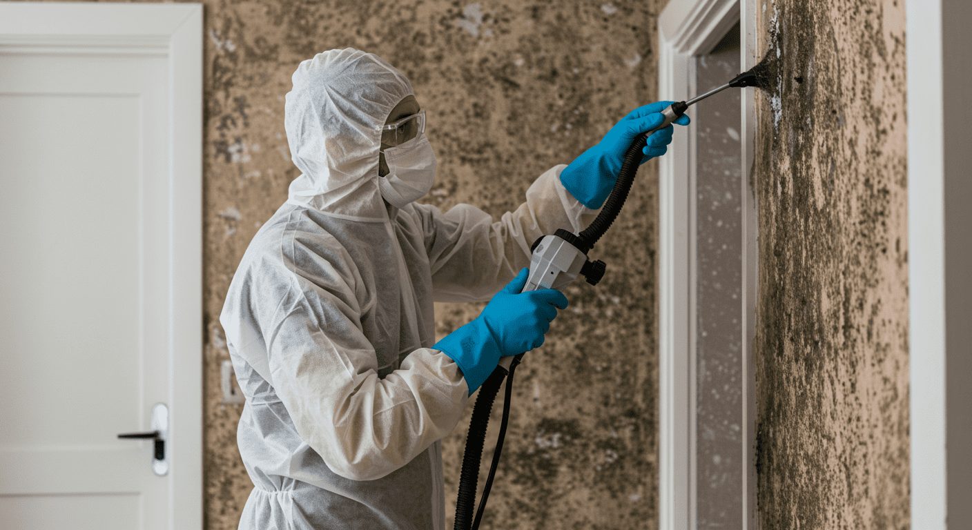 A professional mold remediation technician in protective gear is actively removing black mold from a wall. The scene shows the technician using specialized equipment, with visible mold patches on the wall being treated.