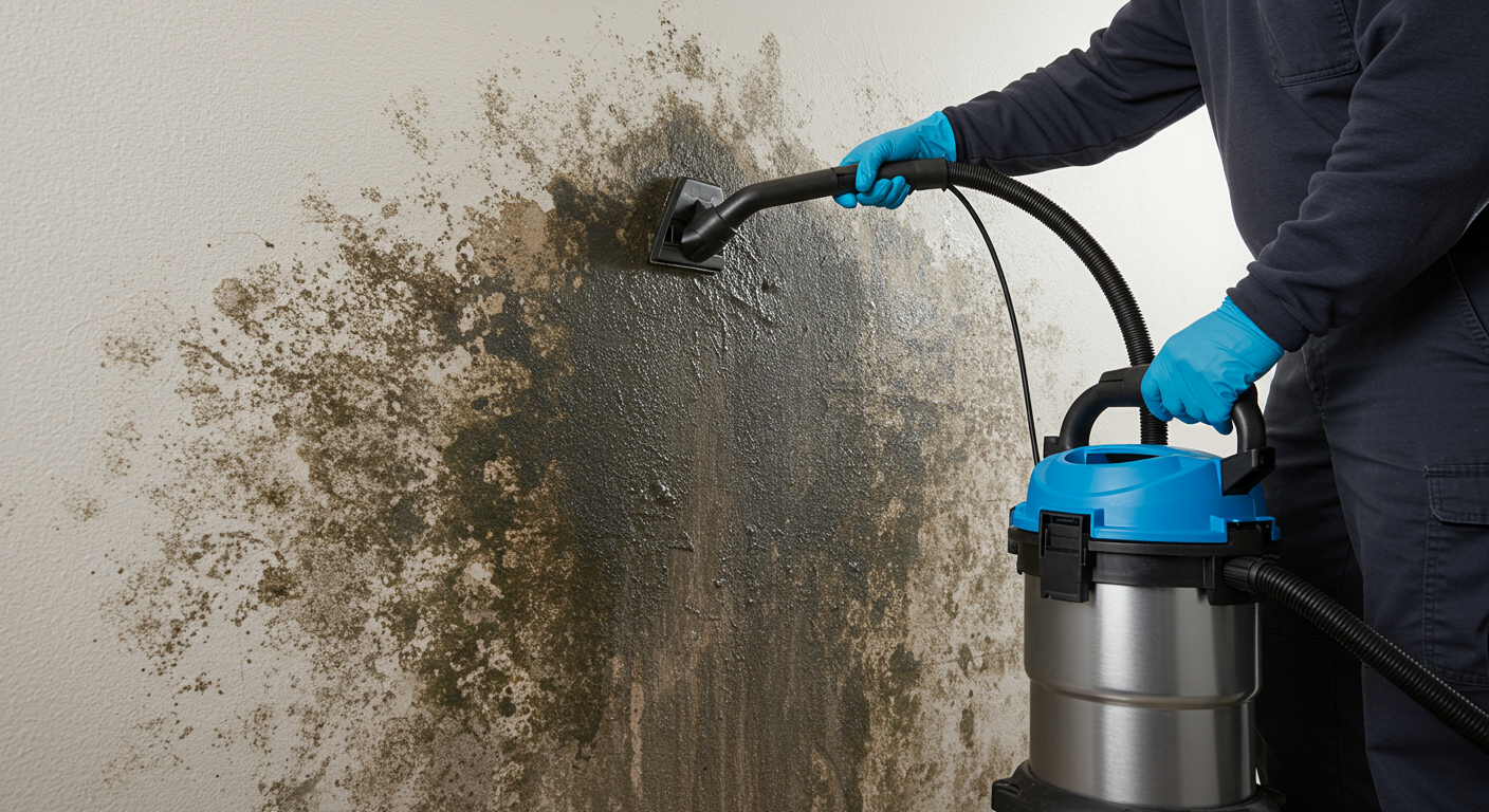 A technician using a HEPA vacuum to remove mold from a wall, demonstrating the remediation process in action.