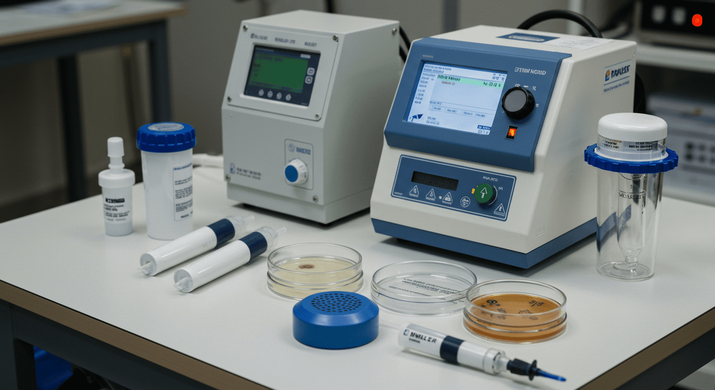 A detailed shot of advanced mold testing equipment laid out on a table, including air sampling devices and petri dishes, showcasing the technology used in mold detection.