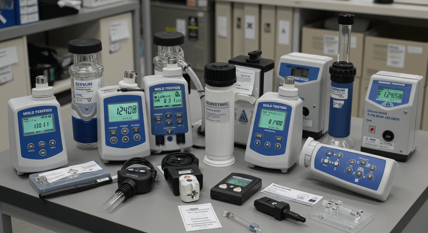 A collection of mold testing equipment, including air sampling pumps and moisture meters, arranged neatly on a table. The background is a clean, professional workspace.