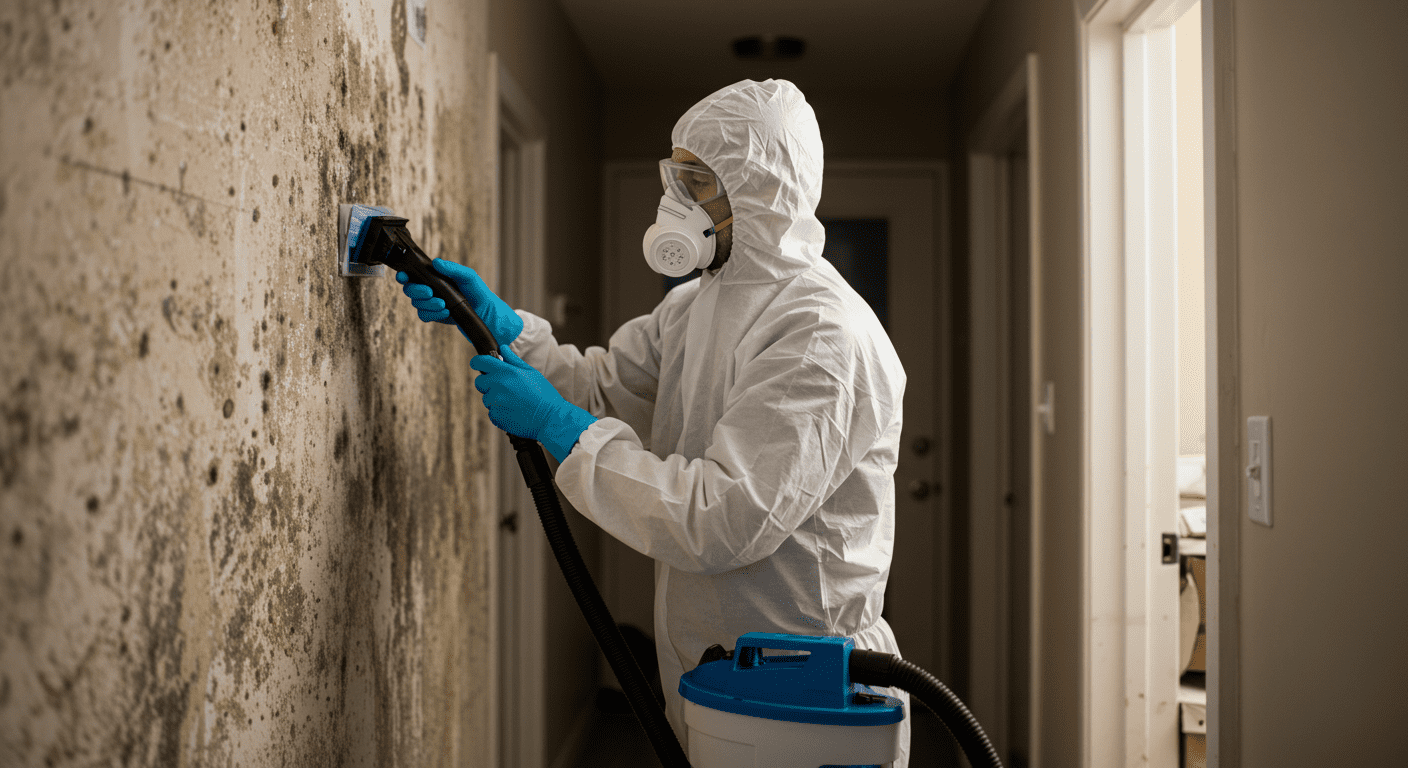 A professional mold cleaning technician in protective gear, using a specialized vacuum to remove mold from a wall in a residential setting.