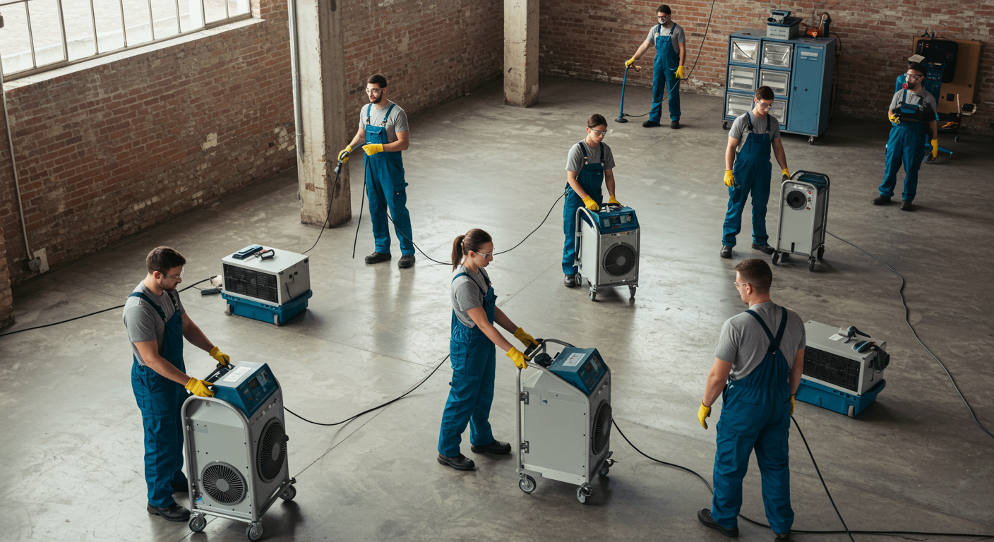 A restoration team working together to set up drying equipment in a commercial space, showcasing teamwork and efficiency.