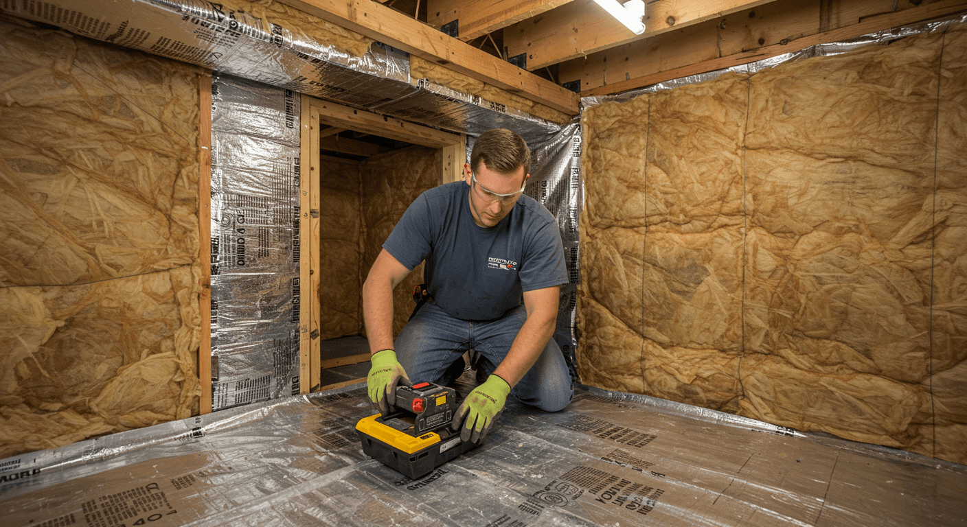 A technician performing crawl space encapsulation, demonstrating the installation of a vapor barrier and insulation.