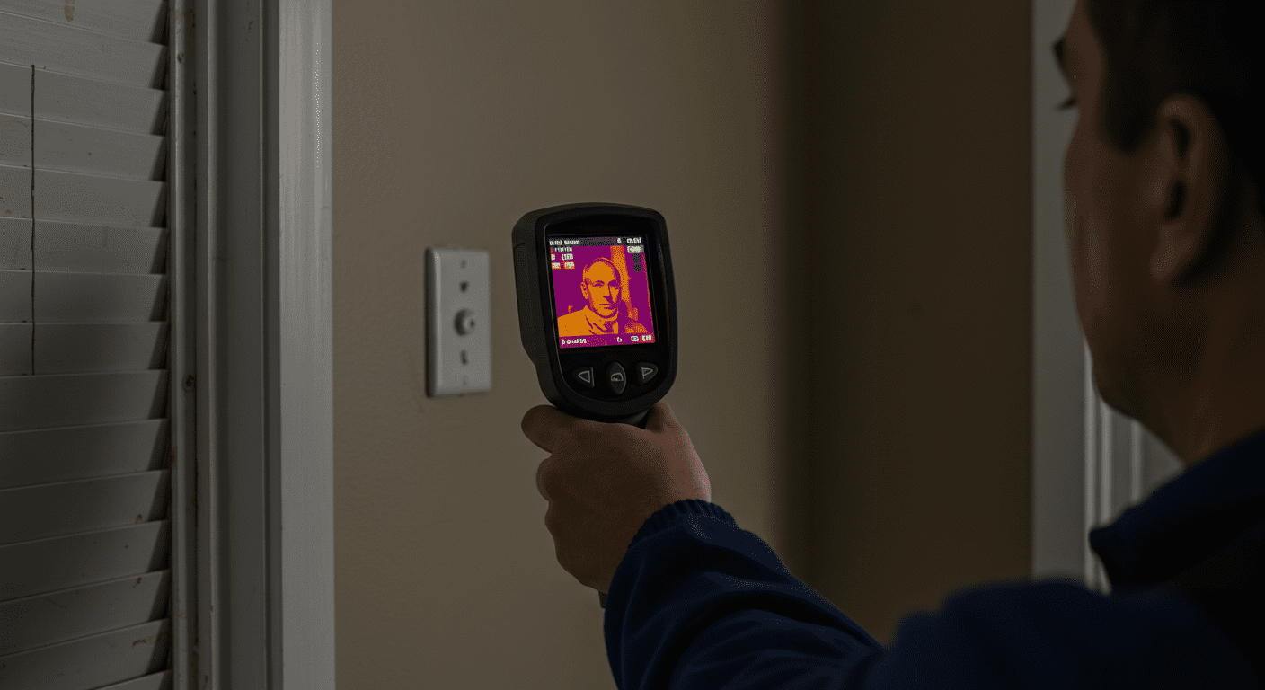 A mold inspector using a thermal imaging camera to detect hidden mold in a residential home, illustrating advanced technology in mold testing.