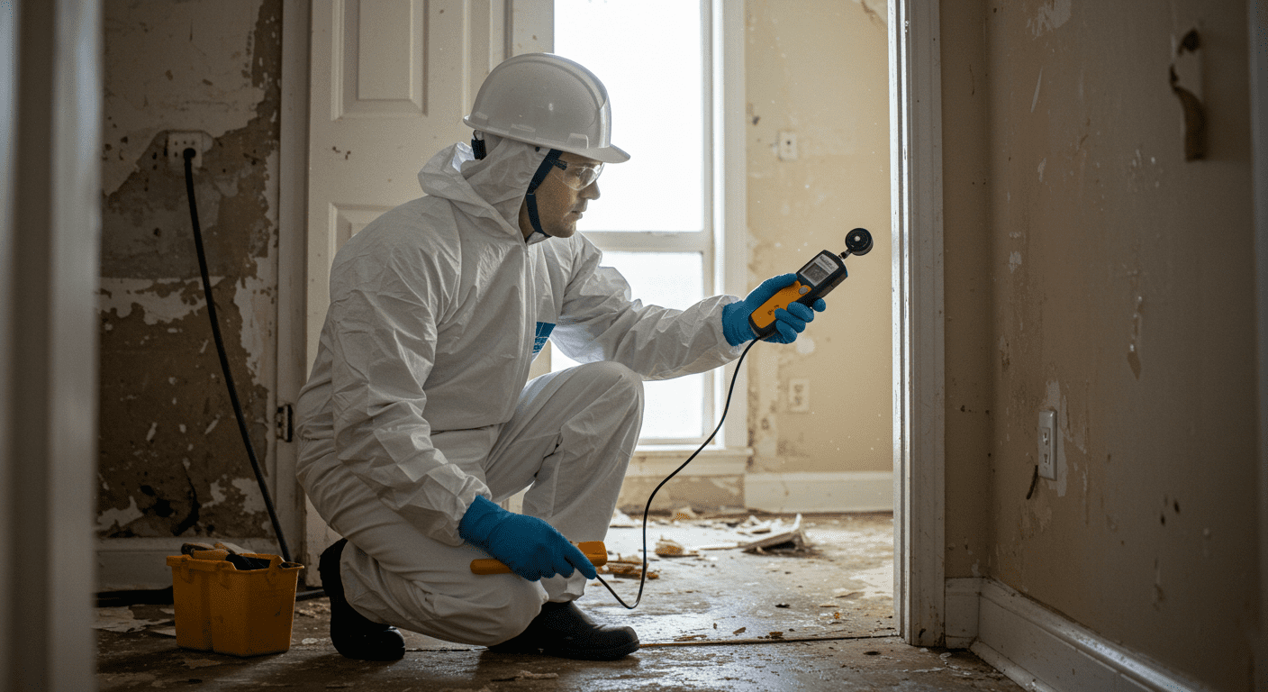 A professional restoration expert inspecting a water-damaged area with tools in hand, such as a moisture meter. The background shows a partially damaged room, emphasizing the assessment process.