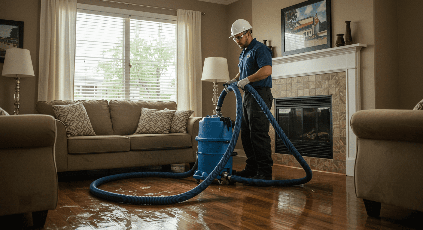 A professional water damage restoration technician is seen using specialized equipment to extract water from a flooded living room. The technician is focused and wearing safety gear, showcasing the seriousness of the task.