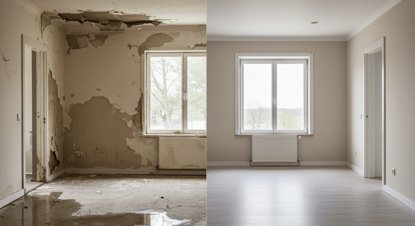 A split image showing a room before and after water damage remediation. One side shows water damage, while the other side shows a restored, clean space.