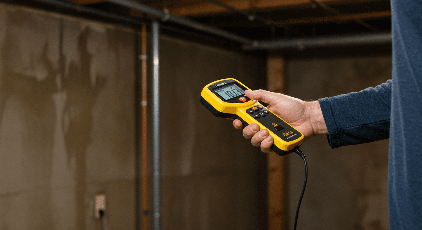 A family member using a handheld mold detector in a basement, with visible moisture on the walls.