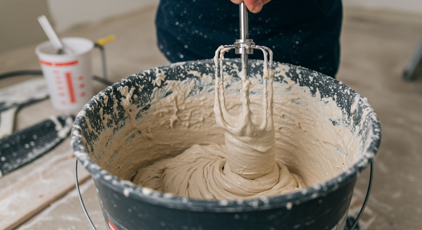 A close-up shot of a mixing bucket with a person stirring the popcorn ceiling texture mixture. The texture is visible, showing its consistency, with tools like a mixer and measuring cups in the background.
